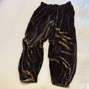 Rebecca Taylor Black Velvet Floral Track Pants with Gold Accents